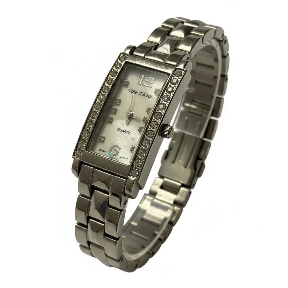 Cote d'Azur Silver‎ Tone Rhinestone Bezel Quartz Japan Movt Women's  Tank Watch